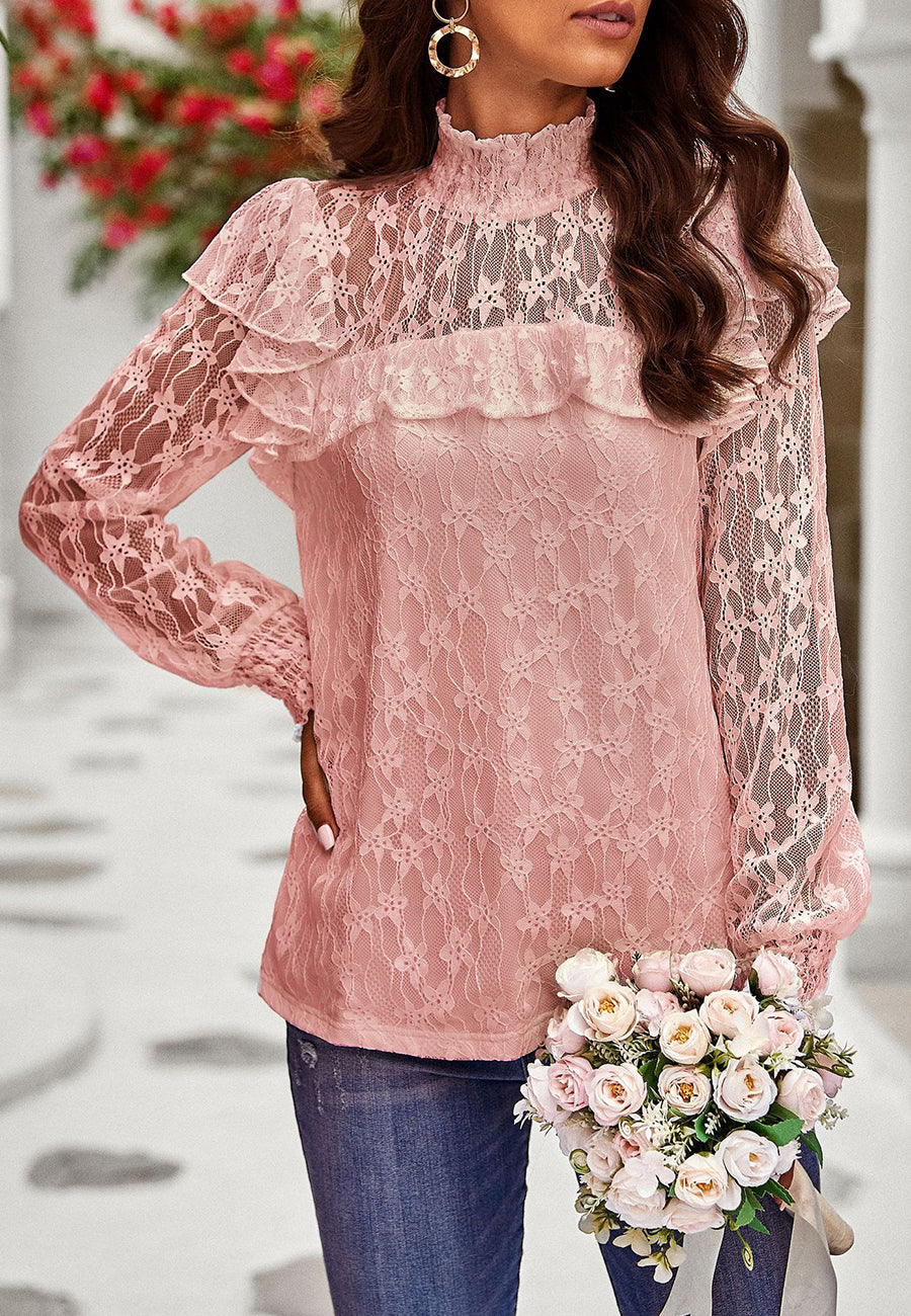 Blusa de encaje con volantes y cuello fruncido