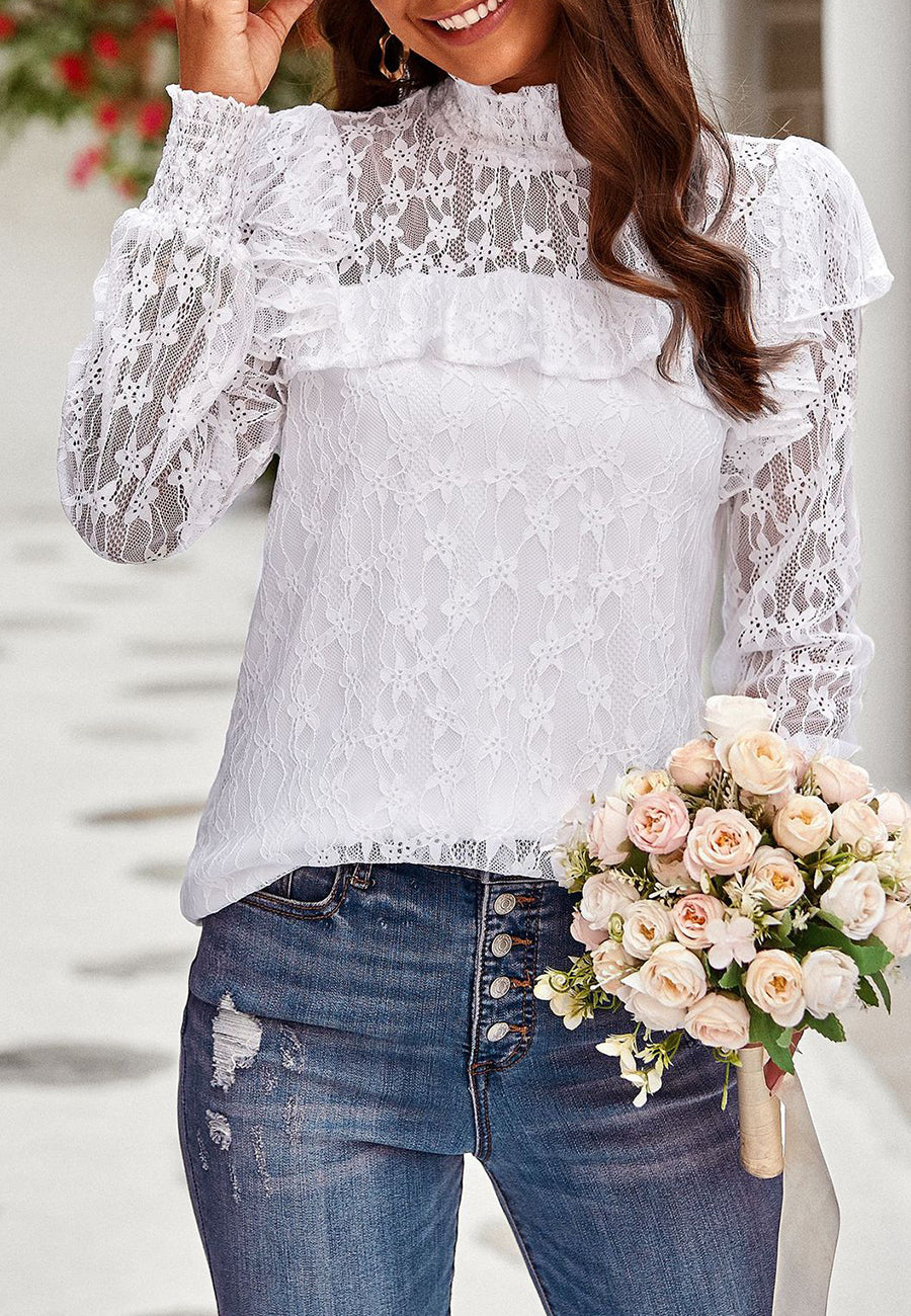 Shirred Neck Ruffle Lace Blouse