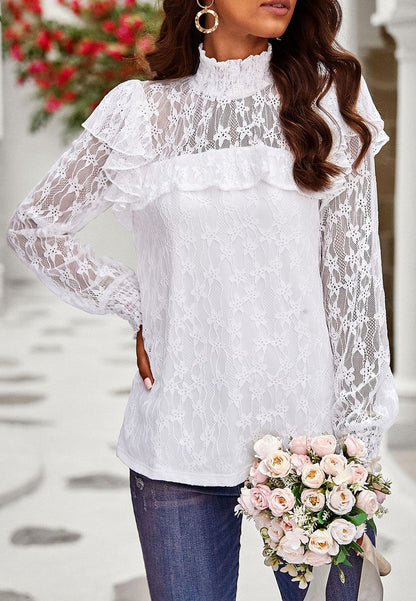 Shirred Neck Ruffle Lace Blouse
