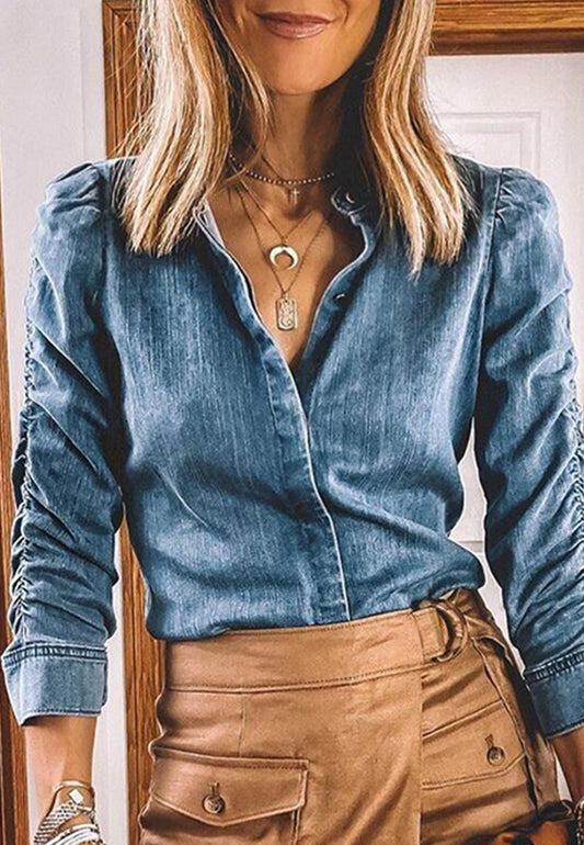 Ruched Sleeve Denim Blouse