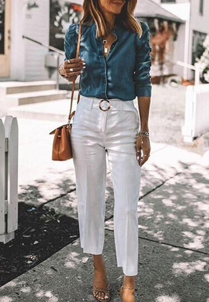 Ruched Sleeve Denim Blouse