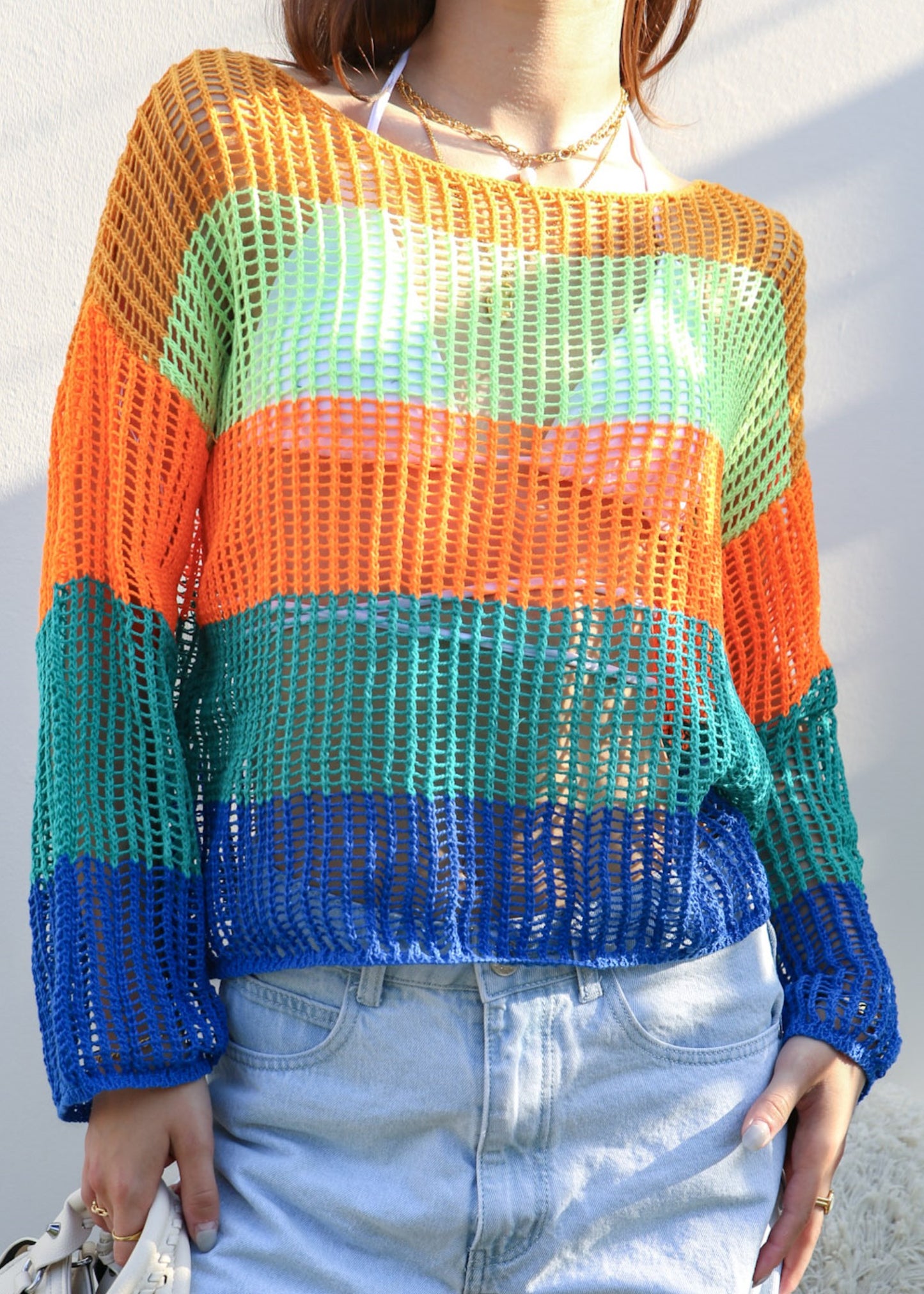 Suéter de crochet de rayas multicolor