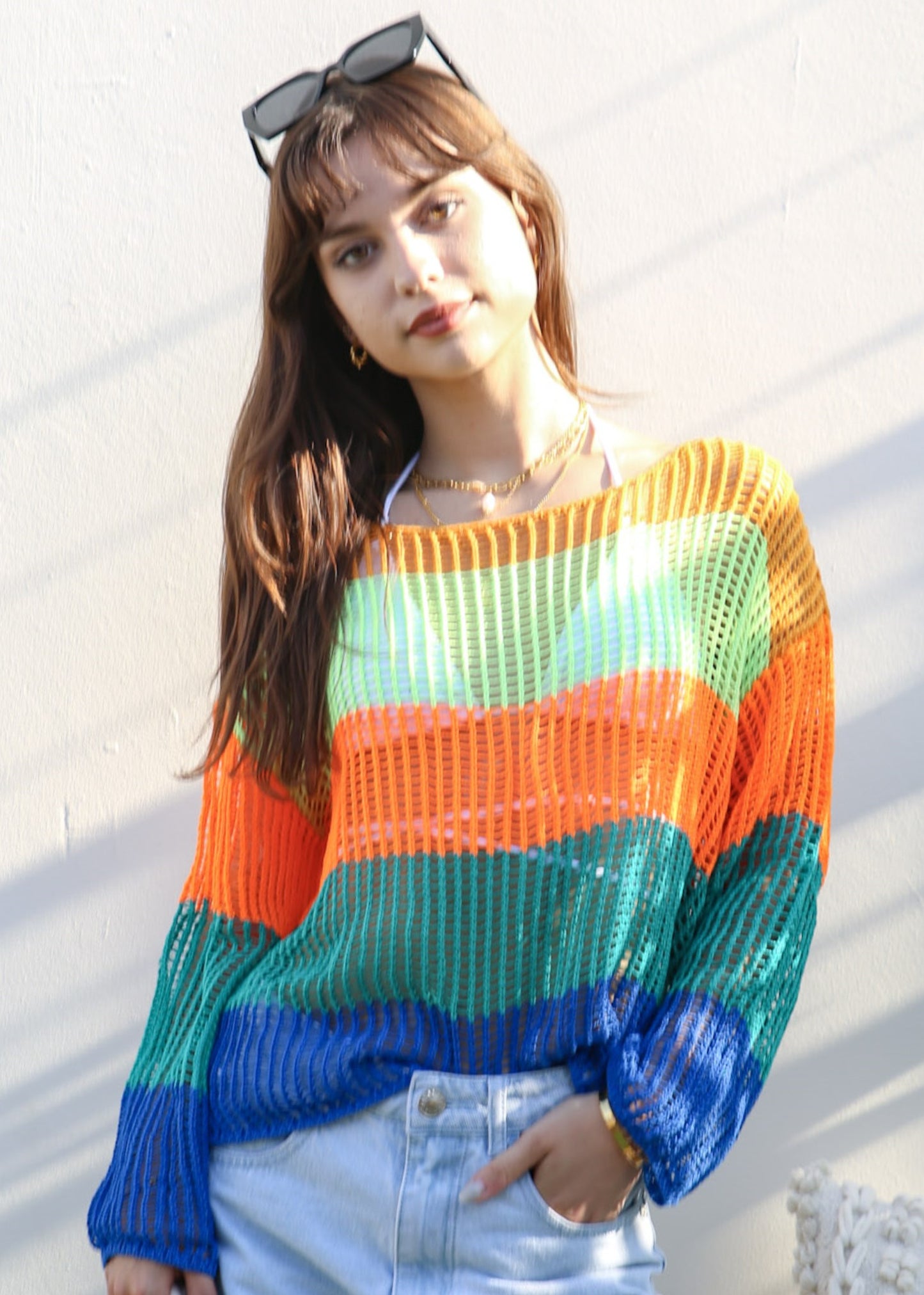 Suéter de crochet de rayas multicolor