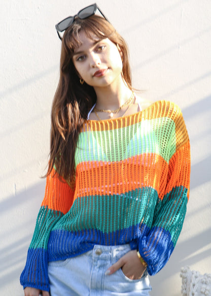 Suéter de crochet de rayas multicolor
