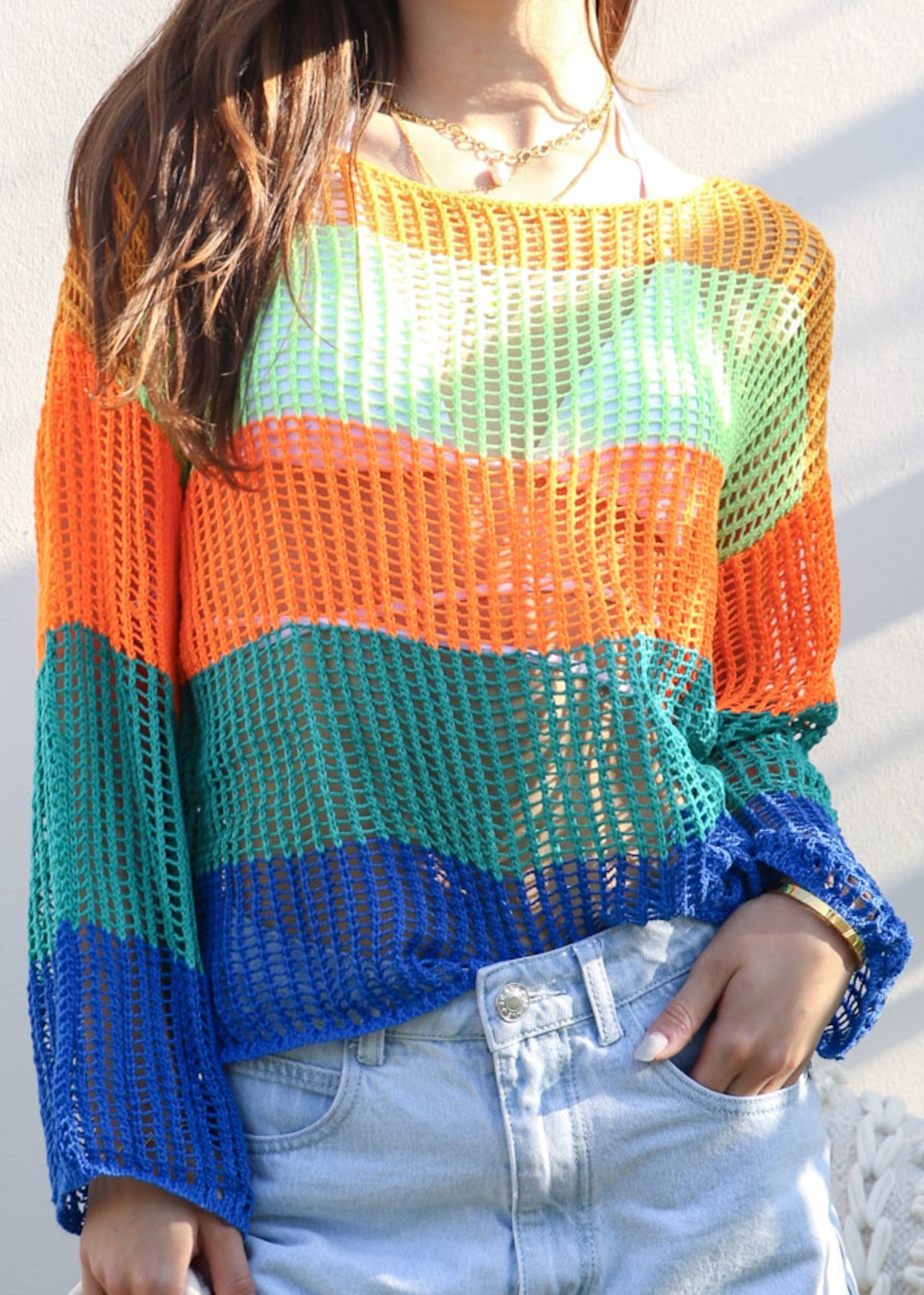 Ameri CROCHET LONG KNIT Multicolor Striped Crochet Knit Cover-Up Summer Sweater for
