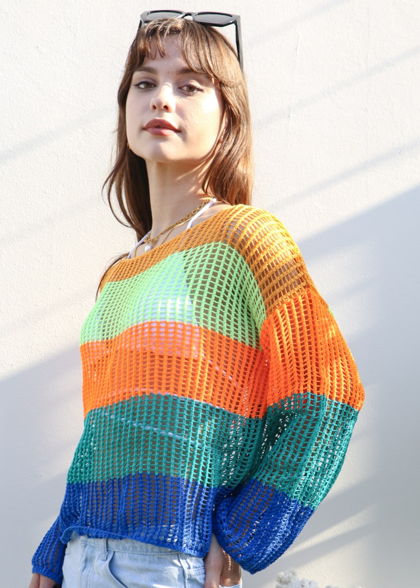 Rixiland Women Crochet Sweaters Striped Long Sleeve See