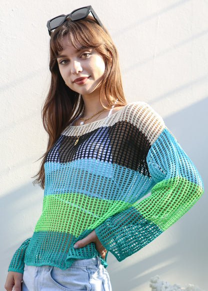 Suéter de crochet de rayas multicolor