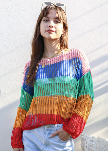 Suéter de crochet de rayas multicolor