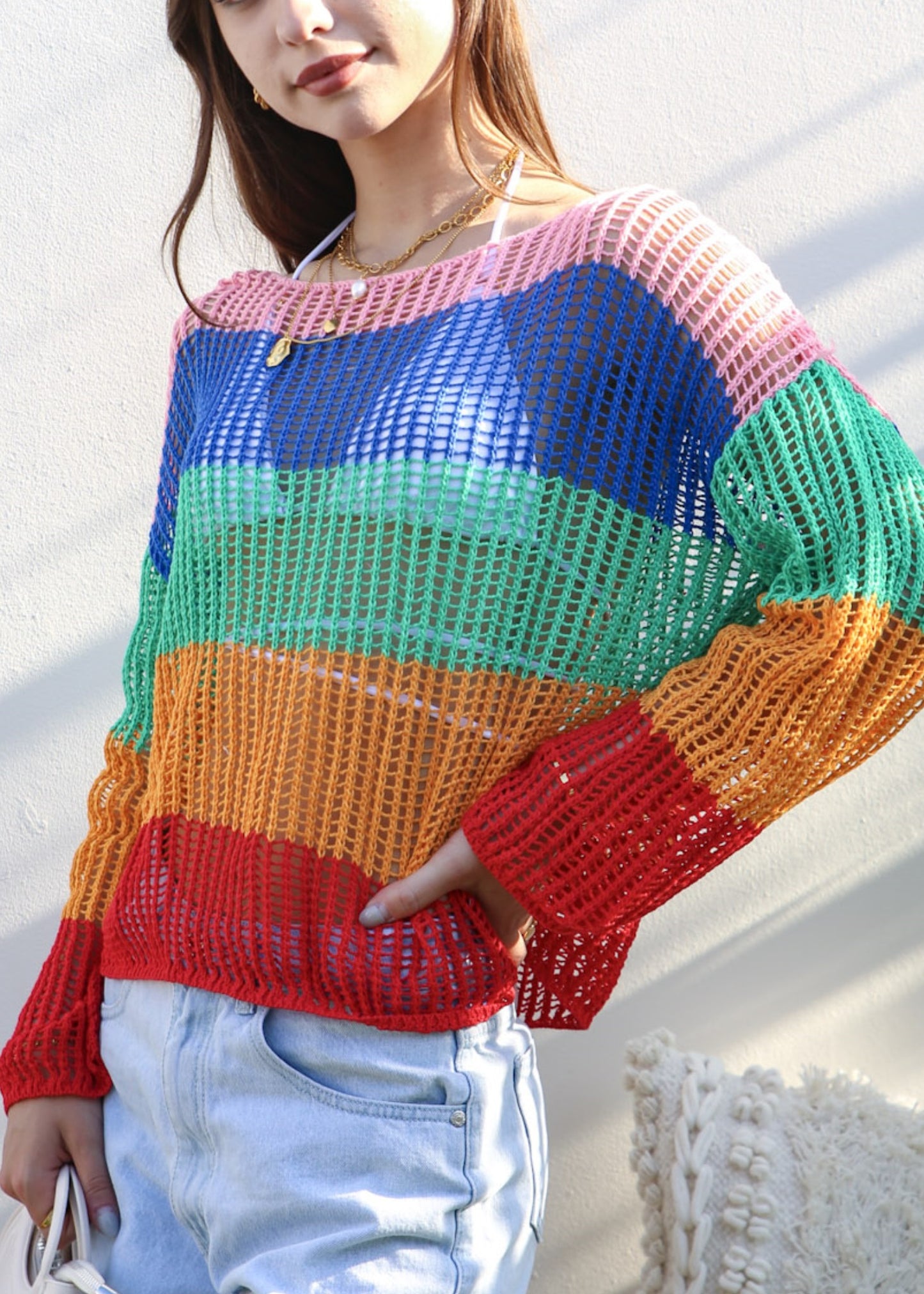 Suéter de crochet de rayas multicolor