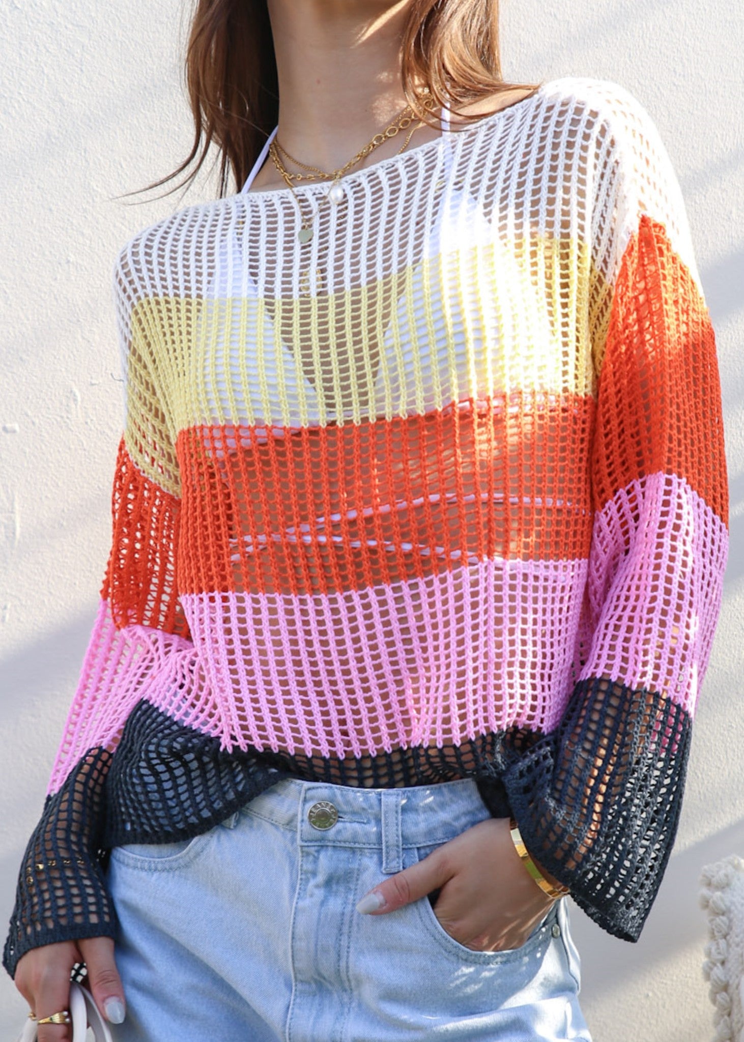 Multicolor Striped Crochet Knit Cover-Up Summer Sweater for