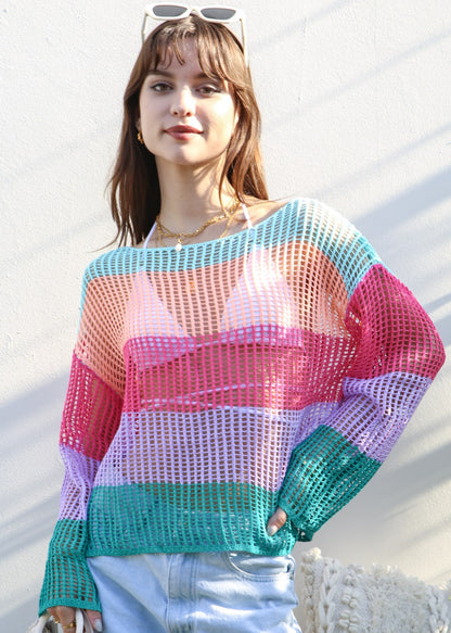 Suéter de crochet de rayas multicolor