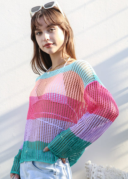 Suéter de crochet de rayas multicolor