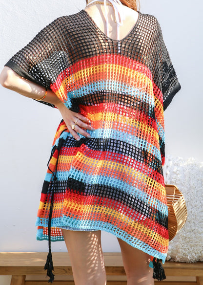 Multicolor Striped Asymmetrical Hem Cover-Up