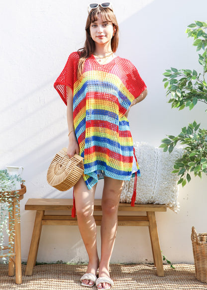 Multicolor Striped Asymmetrical Hem Cover-Up