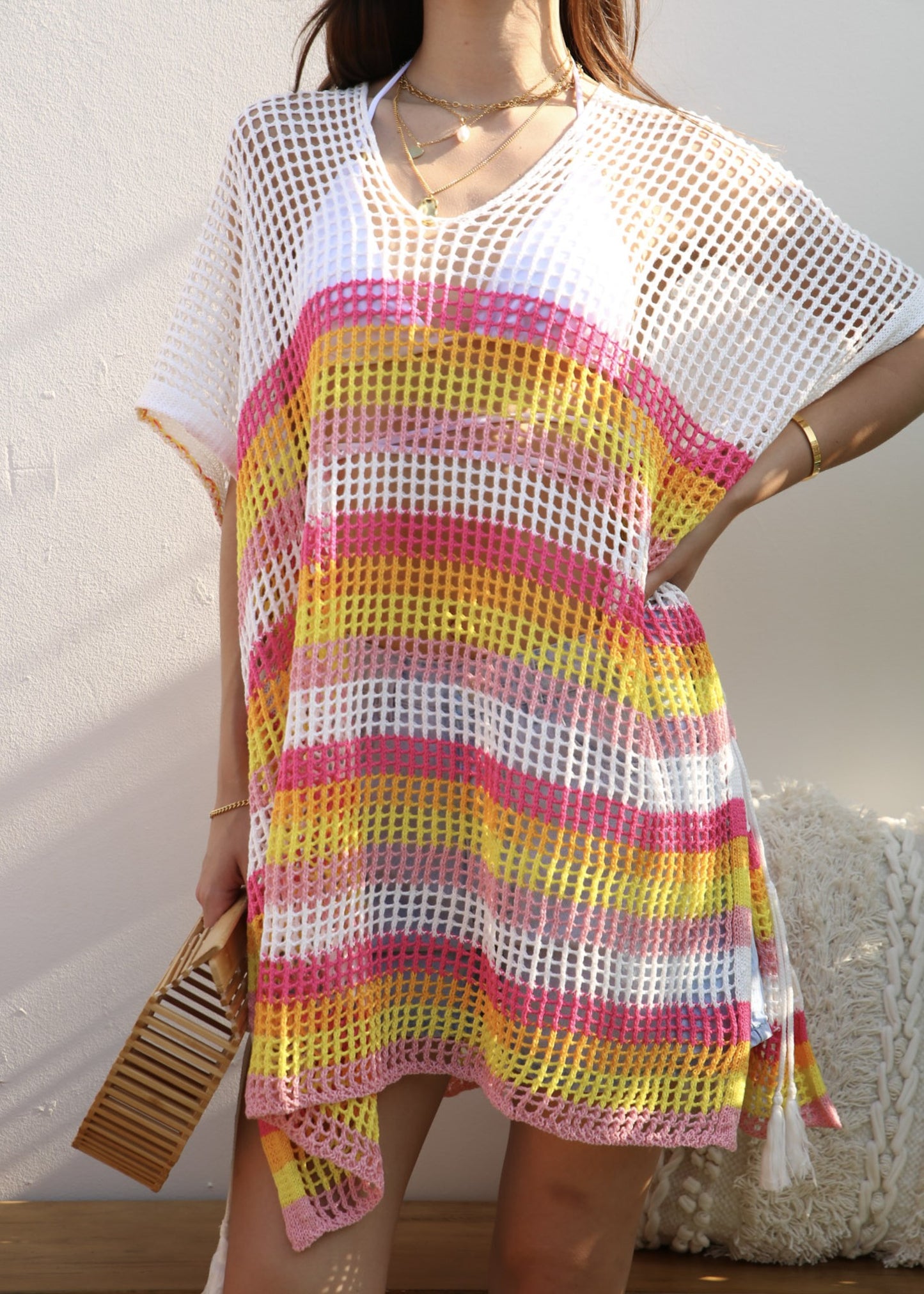 Multicolor Striped Asymmetrical Hem Cover-Up