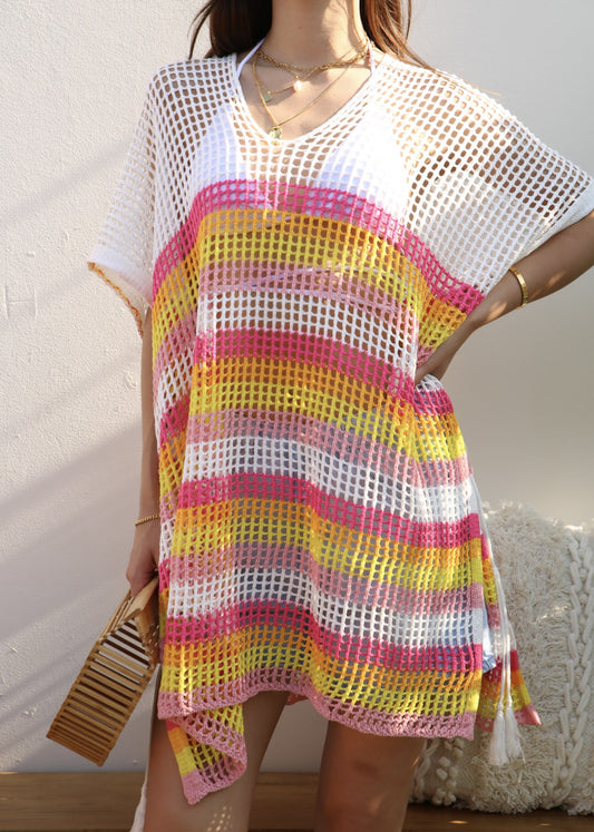 Multicolor Striped Asymmetrical Hem Cover-Up