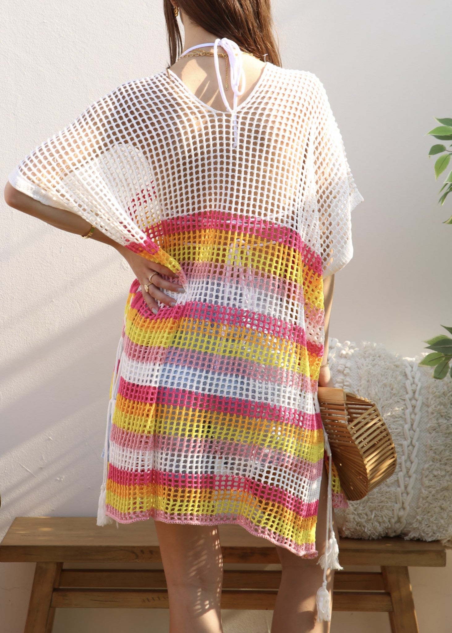 Multicolor Striped Asymmetrical Hem Cover-Up