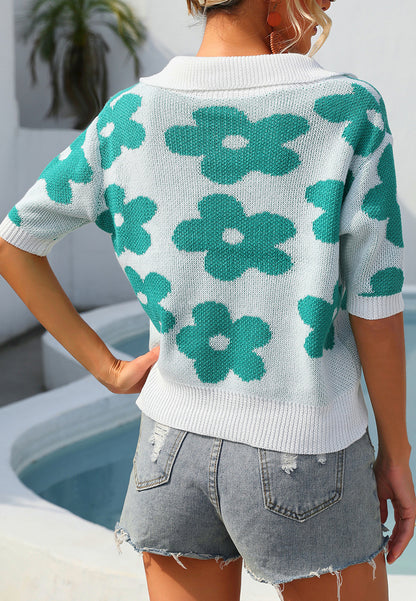 Flower Pattern Collared Knit Shirt