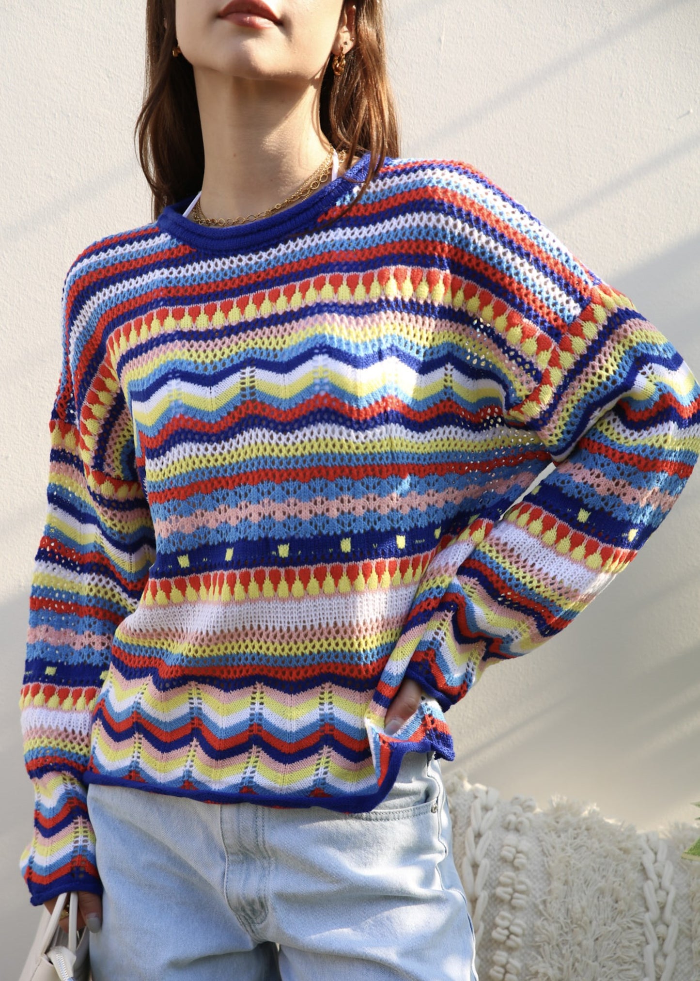 Multicolor Geometric Striped Sweater