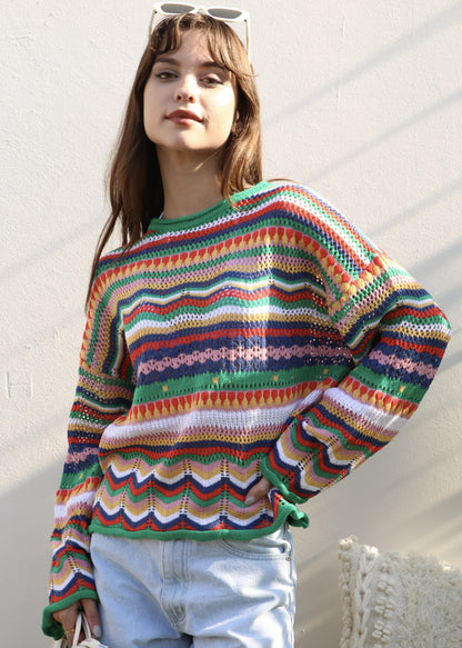 Multicolor Geometric Striped Sweater