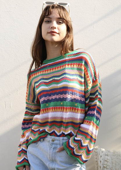 Multicolor Geometric Striped Sweater