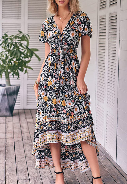 Vestido bohemio con lazo en la parte delantera, corte alto y bajo