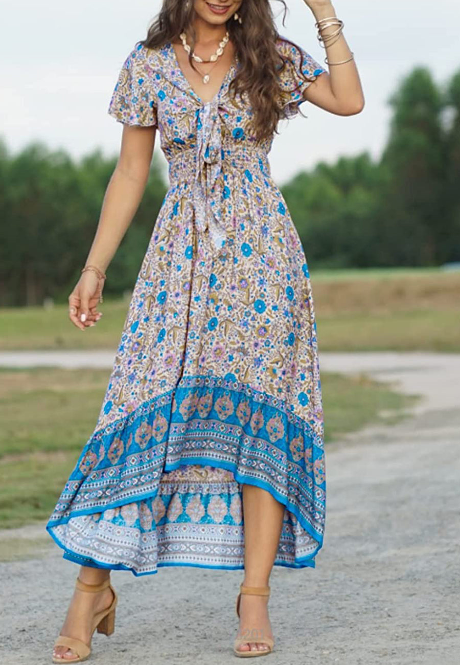 Vestido bohemio con lazo en la parte delantera, corte alto y bajo