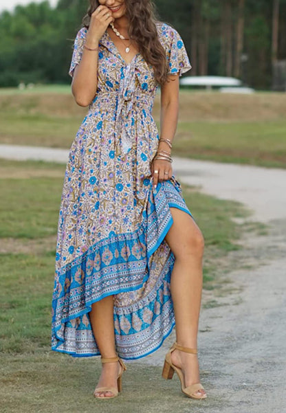 Vestido bohemio con lazo en la parte delantera, corte alto y bajo