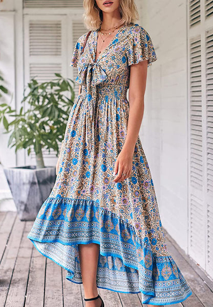 Vestido bohemio con lazo en la parte delantera, corte alto y bajo