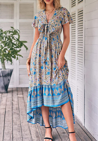 Vestido bohemio con lazo en la parte delantera, corte alto y bajo