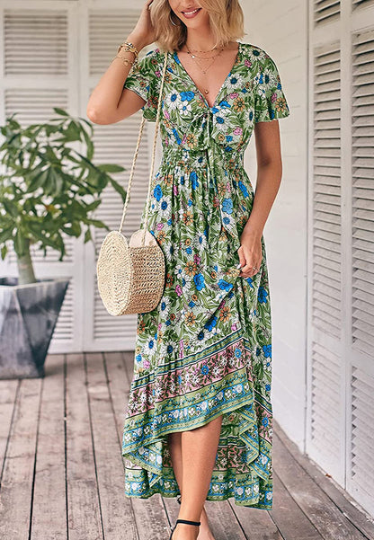 Vestido bohemio con lazo en la parte delantera, corte alto y bajo