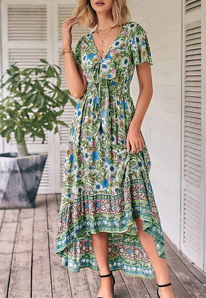 Vestido bohemio con lazo en la parte delantera, corte alto y bajo