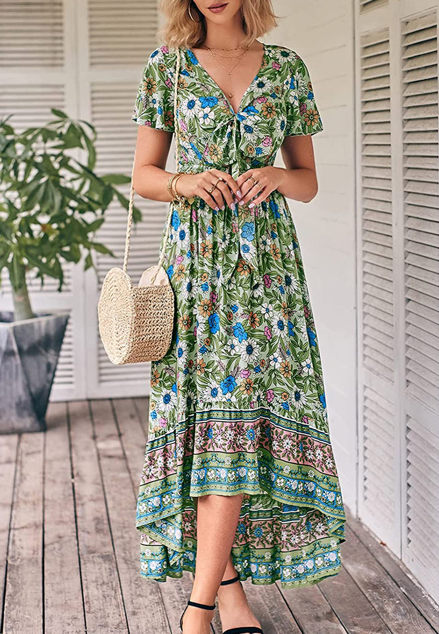 Vestido bohemio con lazo en la parte delantera, corte alto y bajo