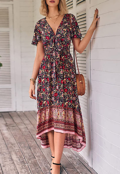 Vestido bohemio con lazo en la parte delantera, corte alto y bajo