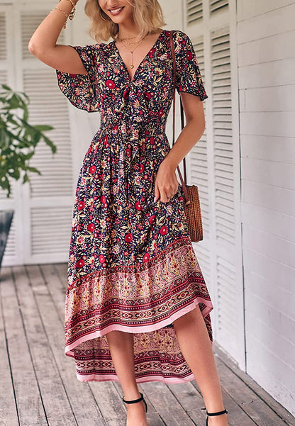 Vestido bohemio con lazo en la parte delantera, corte alto y bajo