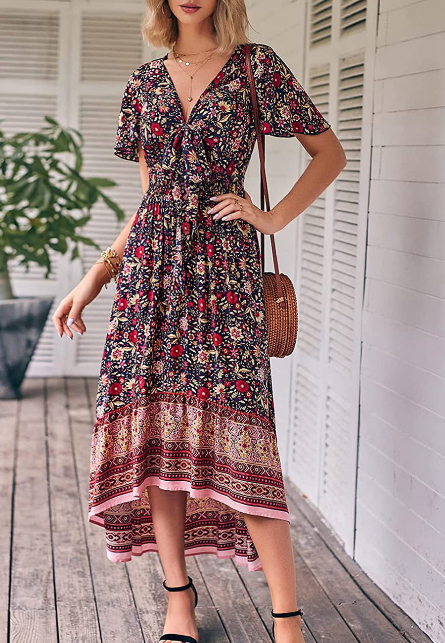 Vestido bohemio con lazo en la parte delantera, corte alto y bajo