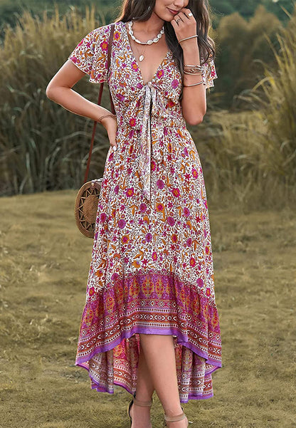 Vestido bohemio con lazo en la parte delantera, corte alto y bajo