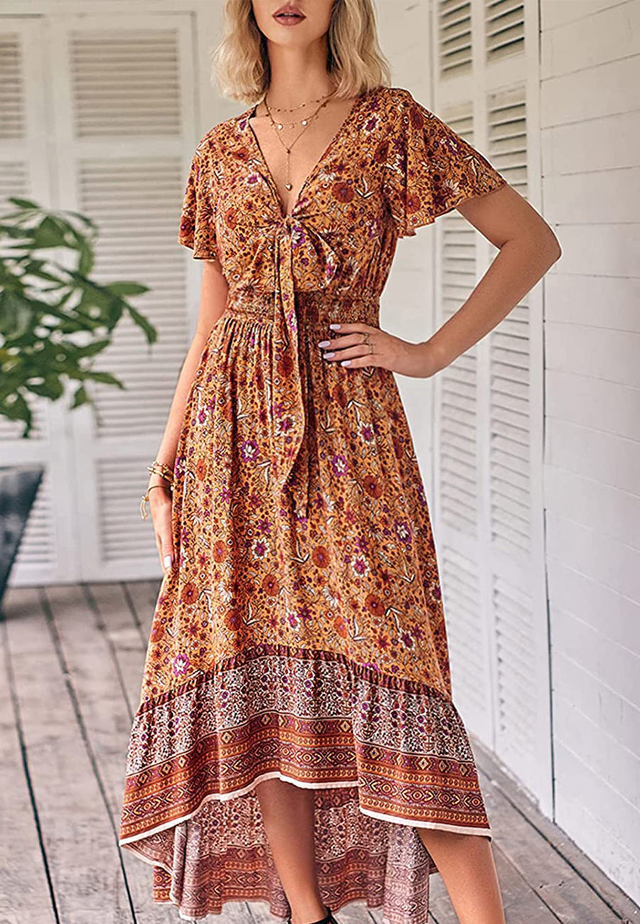 Vestido bohemio con lazo en la parte delantera, corte alto y bajo