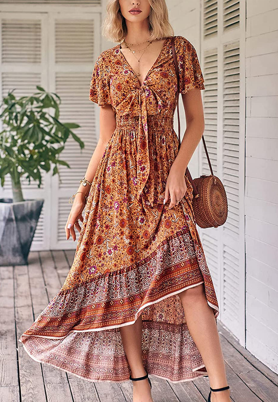 Vestido bohemio con lazo en la parte delantera, corte alto y bajo