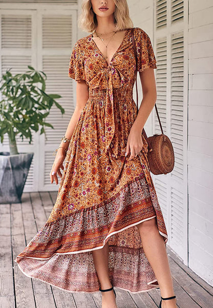 Vestido bohemio con lazo en la parte delantera, corte alto y bajo