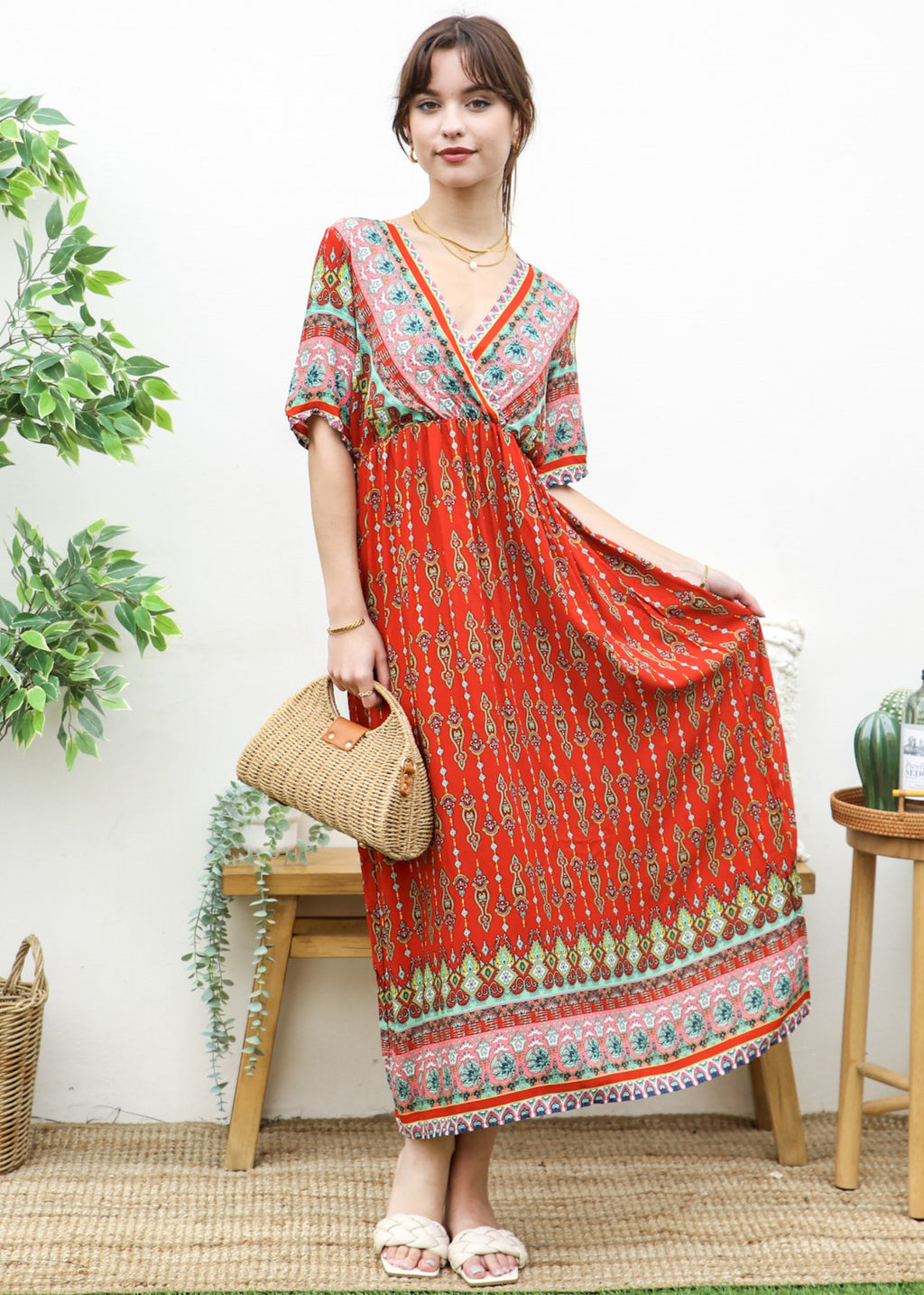 Surplice Neck Bohemian Maxi Dress
