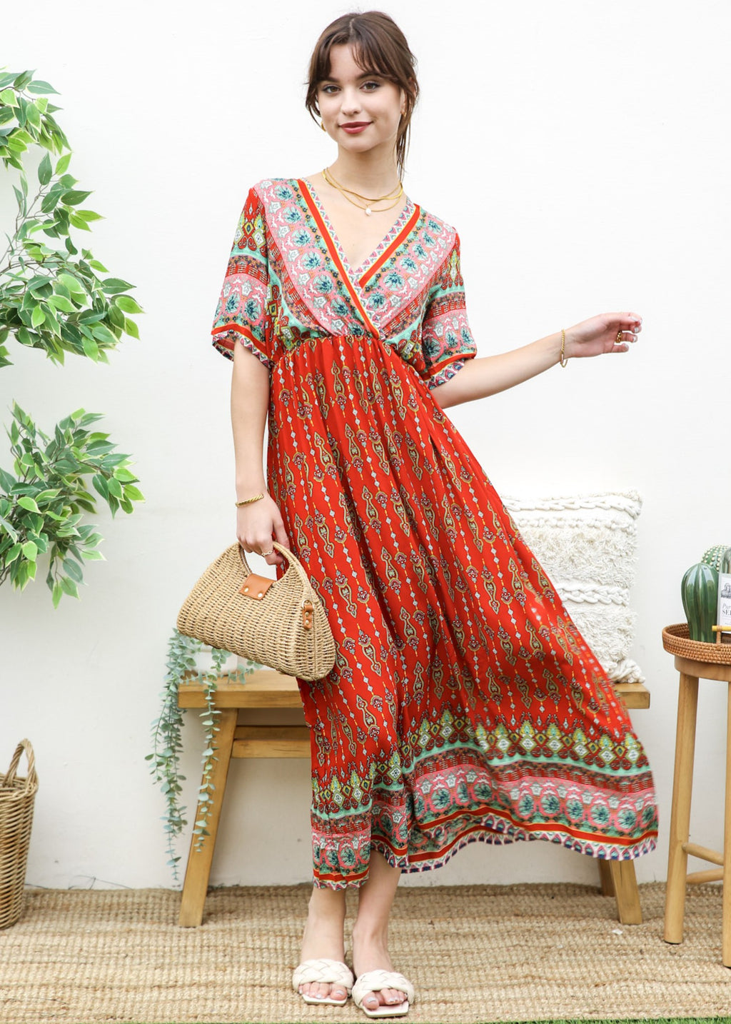 Surplice Neck Bohemian Maxi Dress