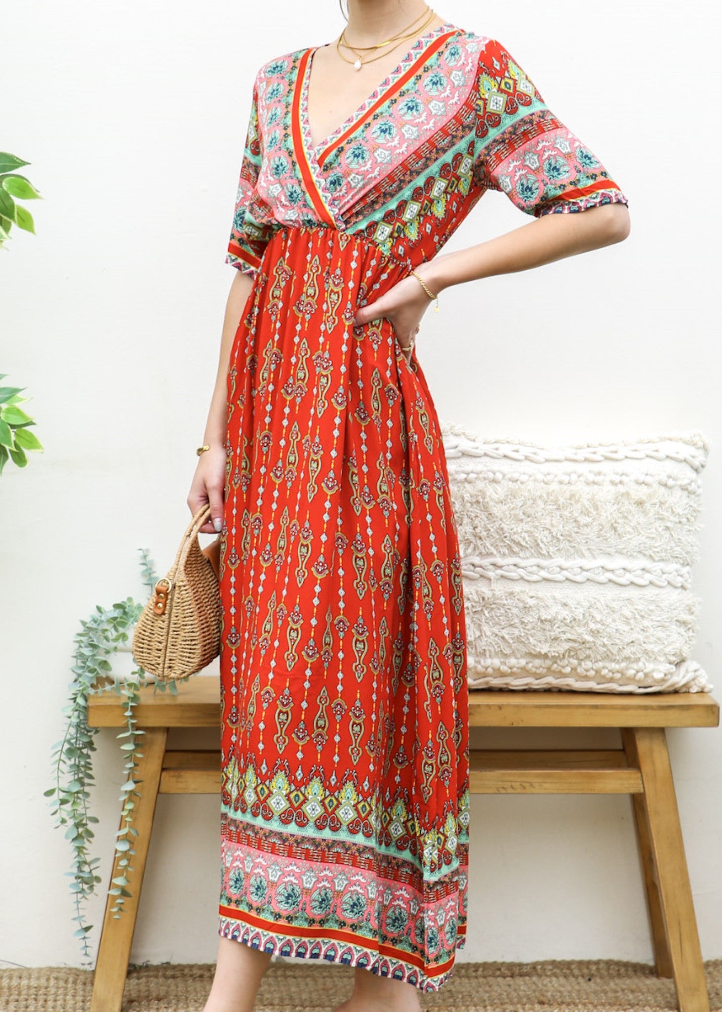 Surplice Neck Bohemian Maxi Dress