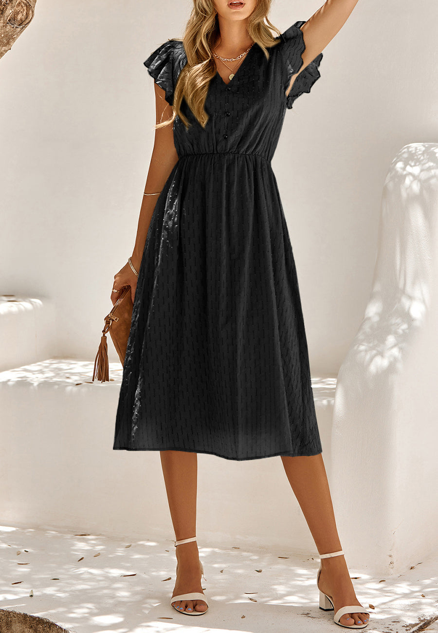 Line Pattern Ruffle Sleeve Dress