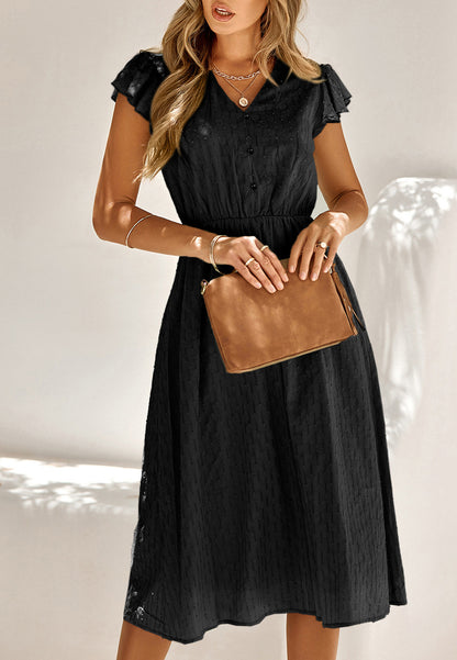 Line Pattern Ruffle Sleeve Dress