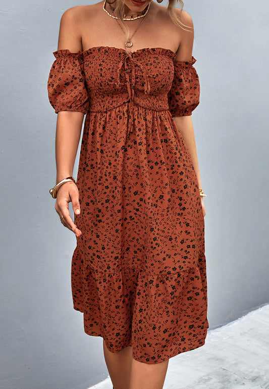 Off-Shoulder Puff Sleeve Floral Dress