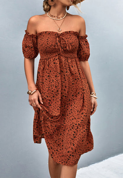 Off-Shoulder Puff Sleeve Floral Dress