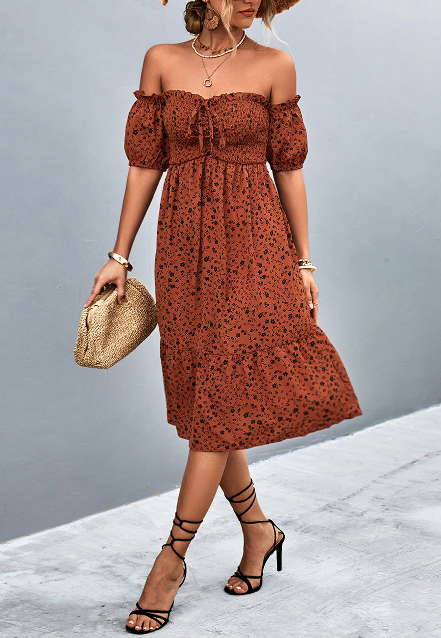 Vestido floral con hombros descubiertos y mangas abullonadas