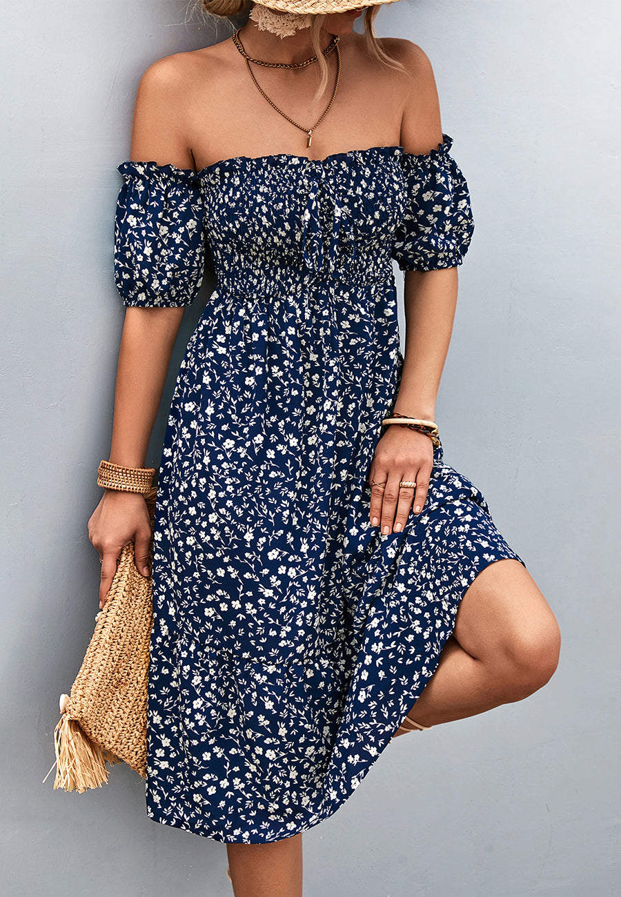 Vestido floral con hombros descubiertos y mangas abullonadas