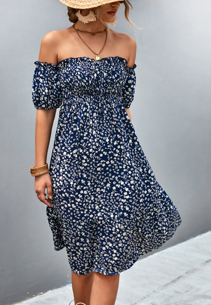 Vestido floral con hombros descubiertos y mangas abullonadas